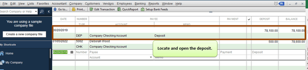 delete a deposit in quickbooks