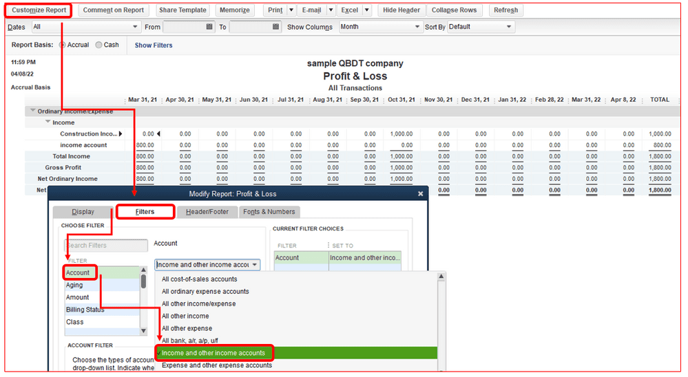 Select distribution amount > income accounts.