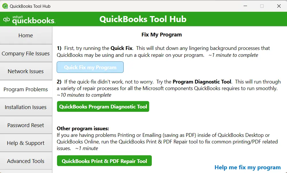 Run Quick Fix My Program