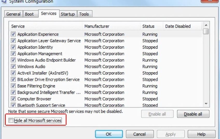 hide all Microsoft services” option